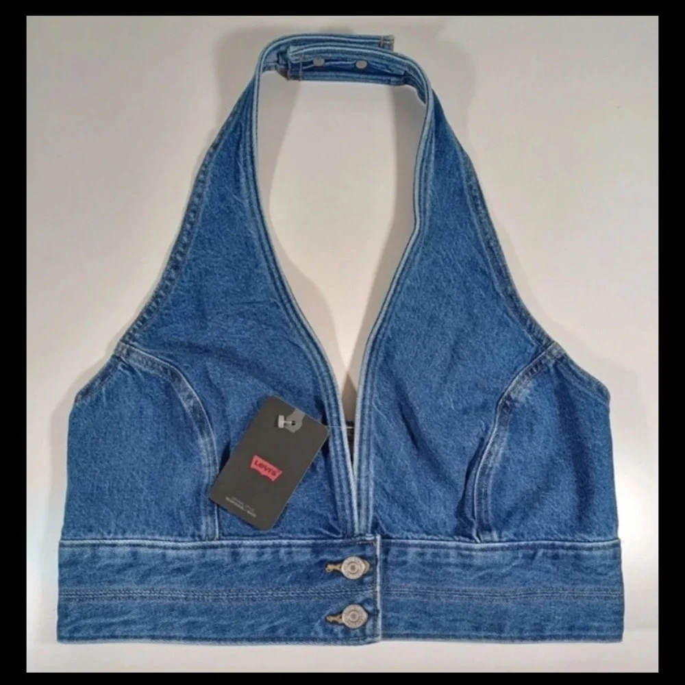 Levi's DAISY Denim JEAN Cowgirl Crop Top HALTER Stretch S110786 SIZE Large NWT - Picture 4 of 13